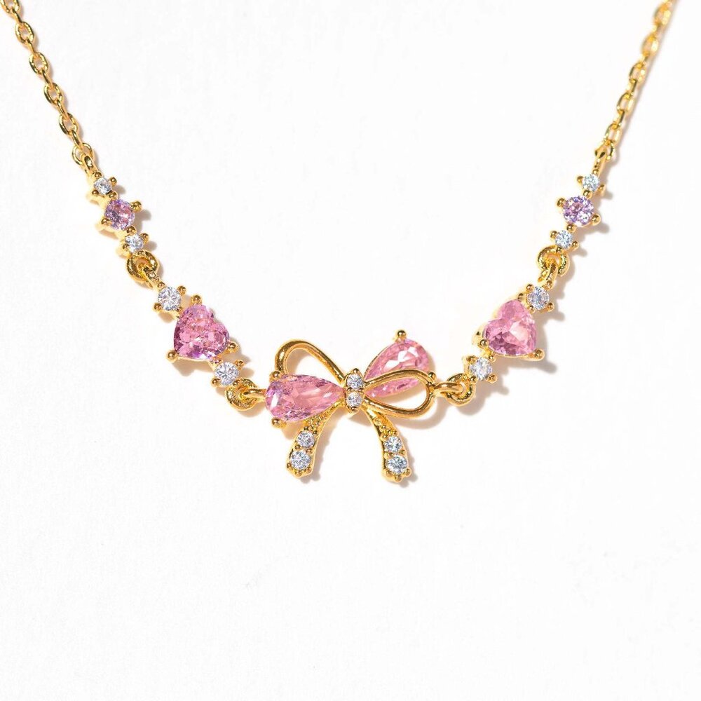 Pink Bow Bracelet Gold Plated Cubic Zirconia Dainty Chain Bracelet Adjustable